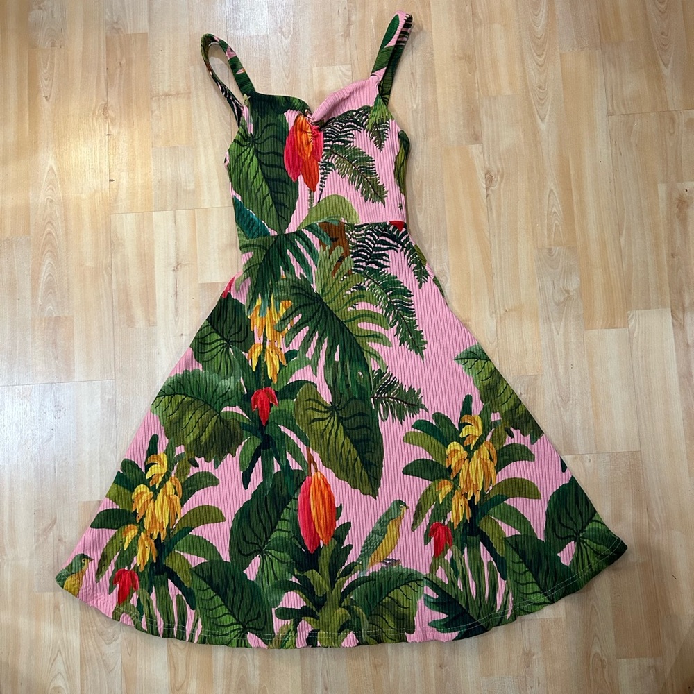 FARM Rio | Pink Cocoa Forest Jersey Dress | Size Small | Pink, yellow, & green